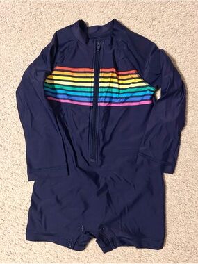 Primary Navy Long-Sleeve Rash-Guard Swim Suit with Rainbow Stripes